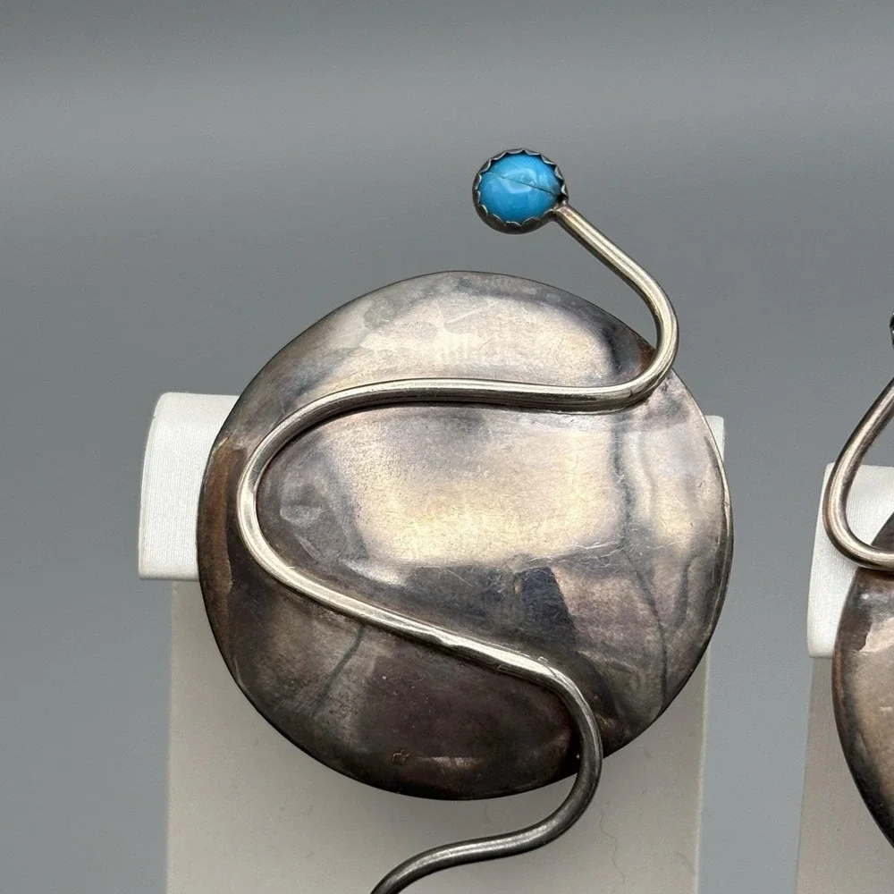 Vintage M.E. Friedman Clip On Earrings Sterling Silver Modernist Turquoise